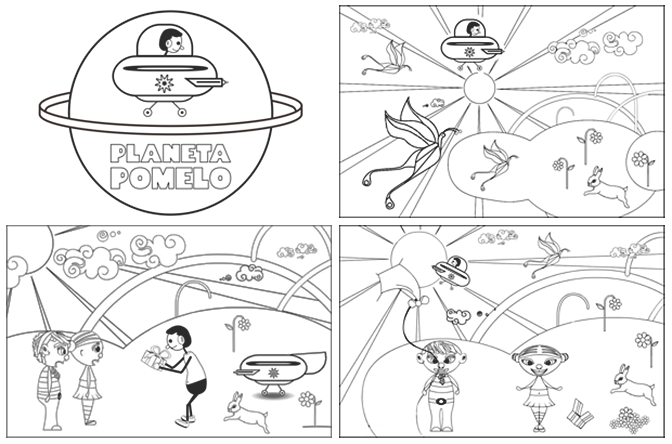 Dibujos en blanco y negro para colorear de Duna y Rosi y Planeta Pomelo