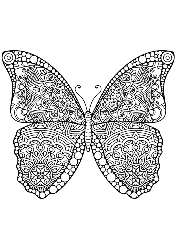 Dibujo para colorear mandala de una mariposa con dibujos en su interior