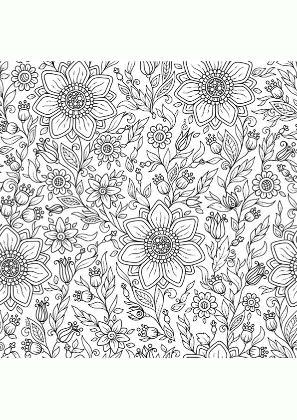 Dibujo para colorear mandala de flores y motivos de plantas