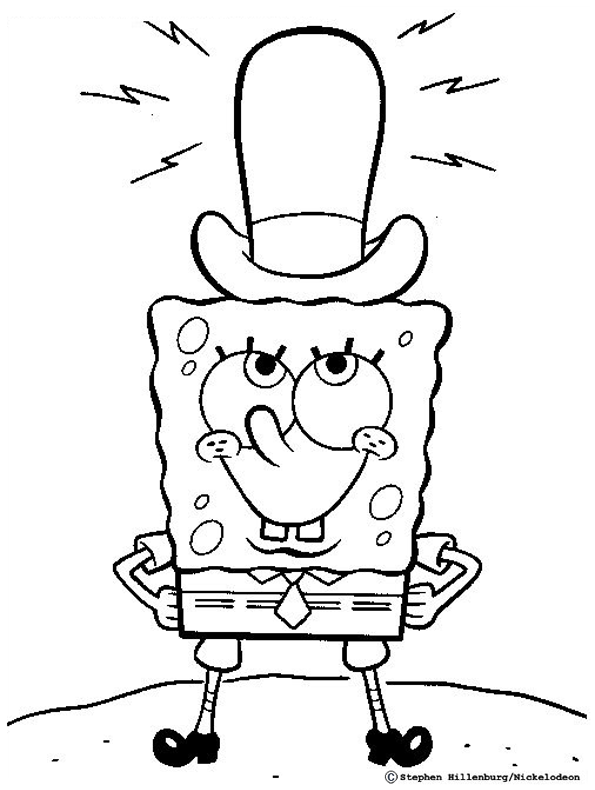 Dibujo para colorear de Bob Esponja sonriente llevendo en su cabeza un sombrero