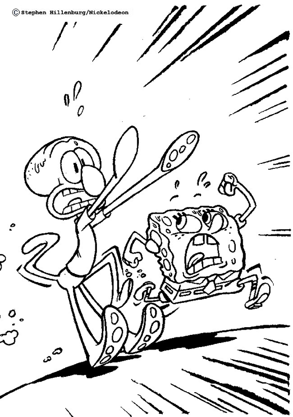 Dibujo para colorear de Bob Esponja corriendo espantado junto con Calamardo