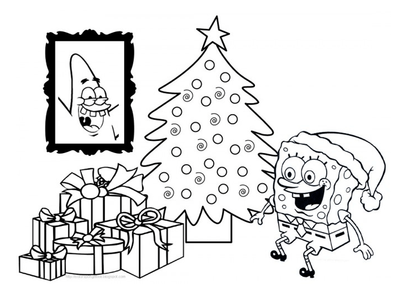 Dibujo para colorear de Bob Esponja de Navidad, con el árbol de Navidad y los regalos.