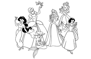 Dibujo de las princesas Disney, Blancanieves, Aurora, Bella, Cenicienta, Jasmine y Ariel
