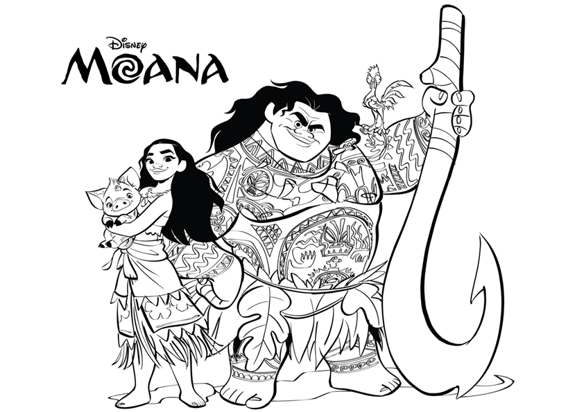 Dibujo para colorear de Moana y Maui, los protagonistas de la película de Disney, Moana Un mar de aventuras