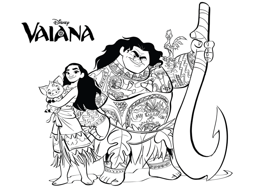 Dibujo para colorear de Vaiana y Maui, los protagonistas de la película de Disney, Vaiana Un mar de aventuras
