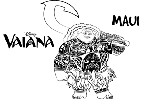 Dibujo para colorear de Maui, el personaje de la película Vaiana Waialiki, la princesa de la Polinesia de la película de dibujos de Disney