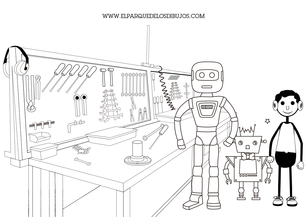 Dibujo para colorear de robots en la ciudad del futuro con herramientas para trabajar