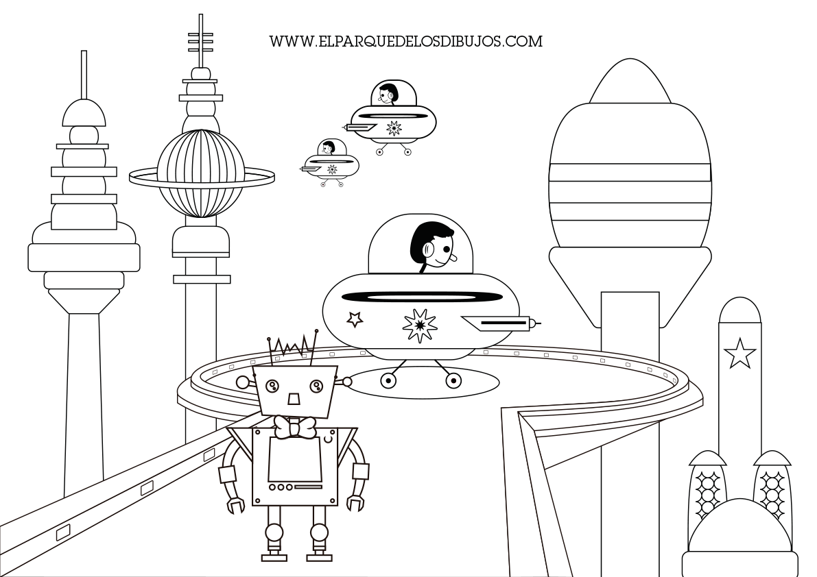 Dibujo para colorear del robot Óscar aterrizando con su nave y el robot Carmelo