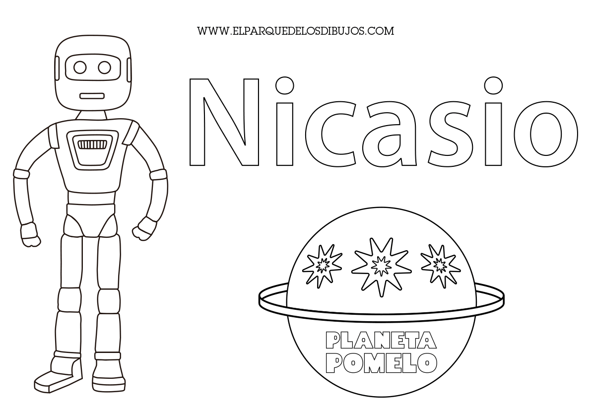 Dibujo para colorear el robot Nicasio con el logo de Planeta Pomelo