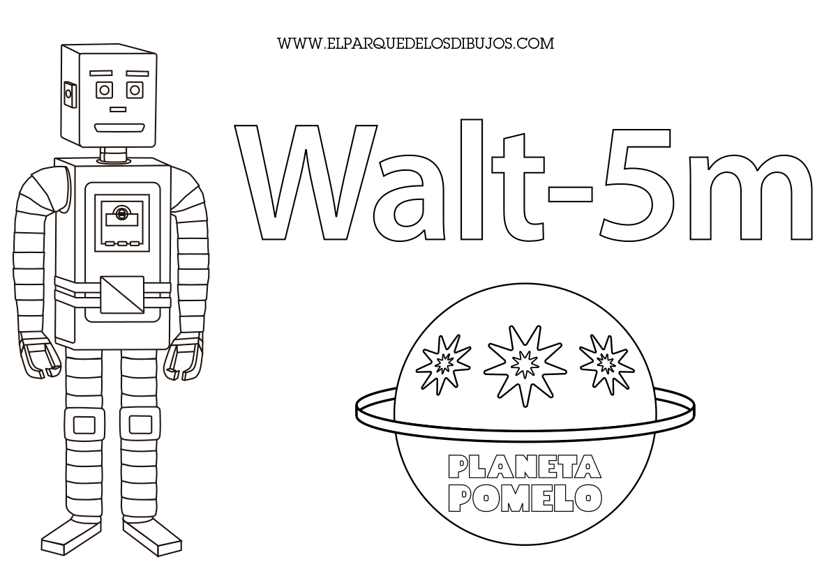 Dibujo para colorear del robot Walt-5m con el logo del Planeta Pomelo