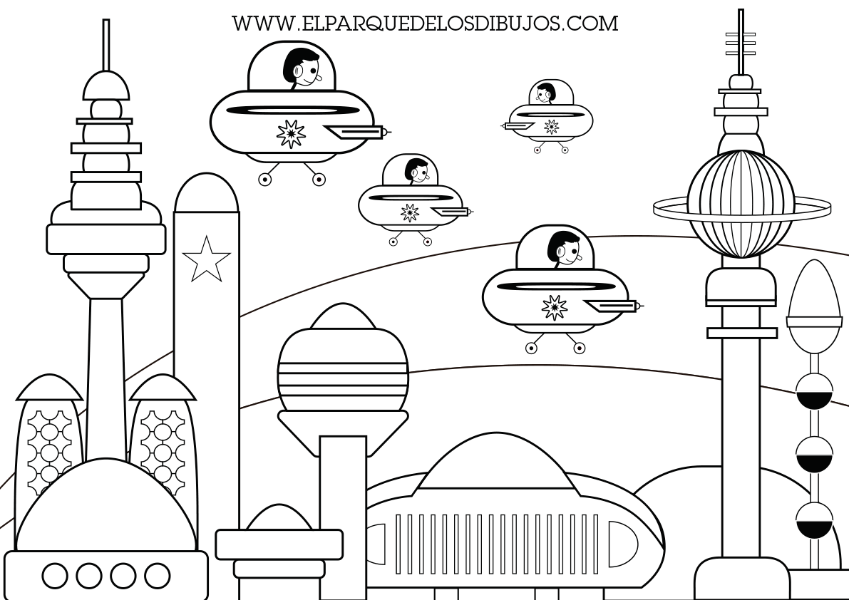Dibujo para colorear los robots Óscar con las naves espaciales en el Planeta Pomelo