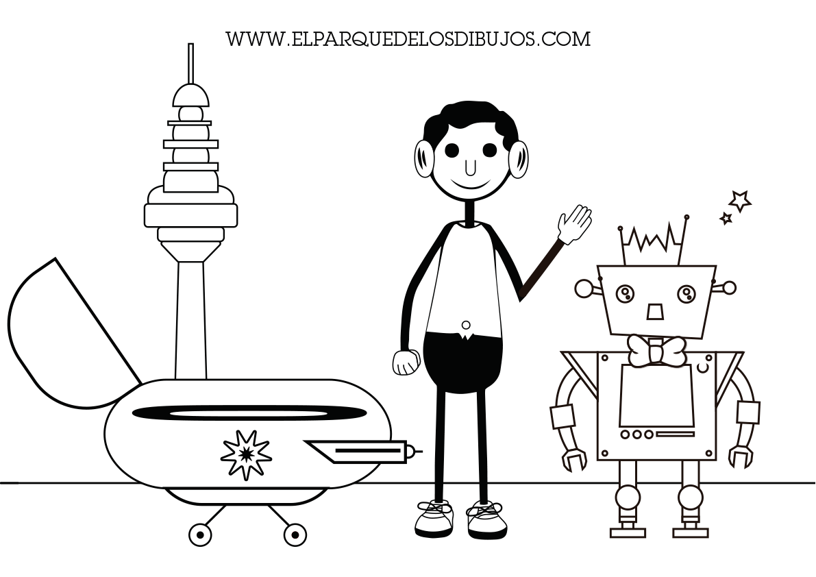 Dibujo para colorear los robots Óscar y Carmelo con la nave espacial