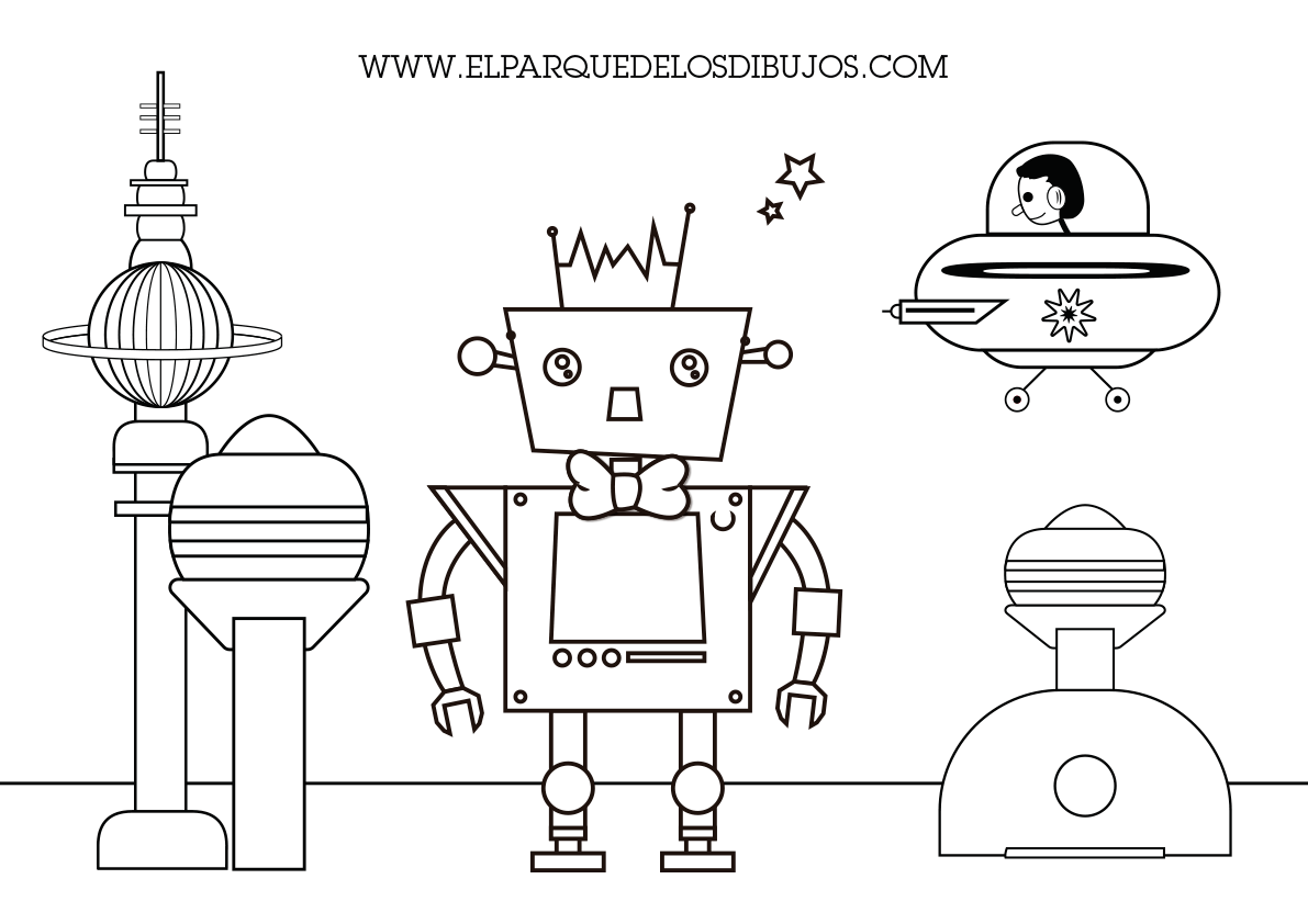 Dibujo para colorear el robot Carmelo en la ciudad espacial de Planeta Pomelo