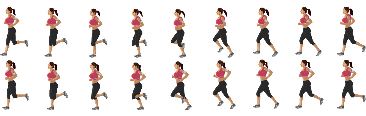 Secuencia walk cycle, movimiento posiciones de una chica corriendo para animar