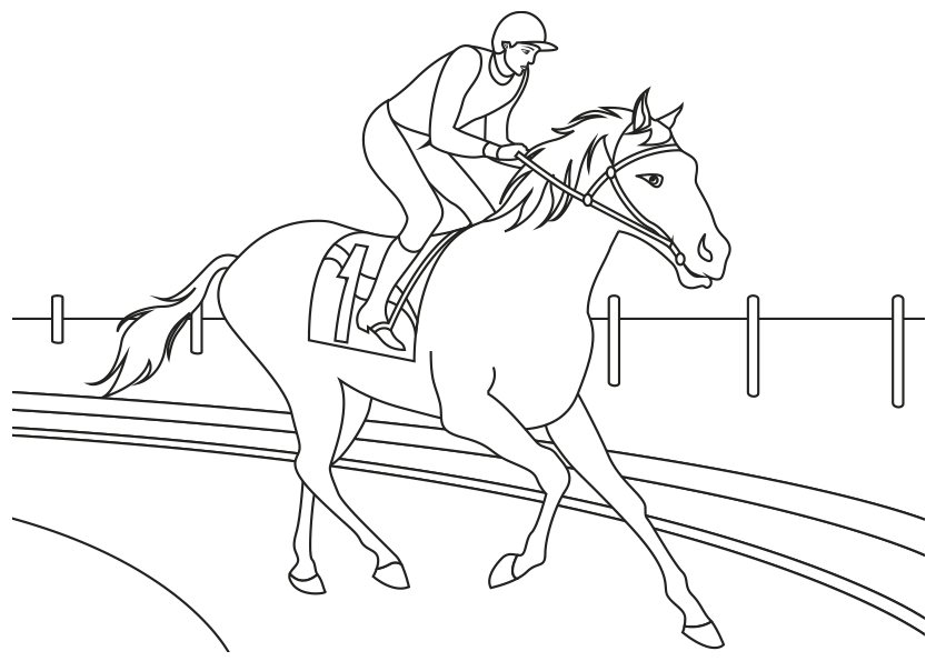 Dibujo de un jockey montando un caballo de carreras para colorear. A jockey riding a racehorse coloring page.