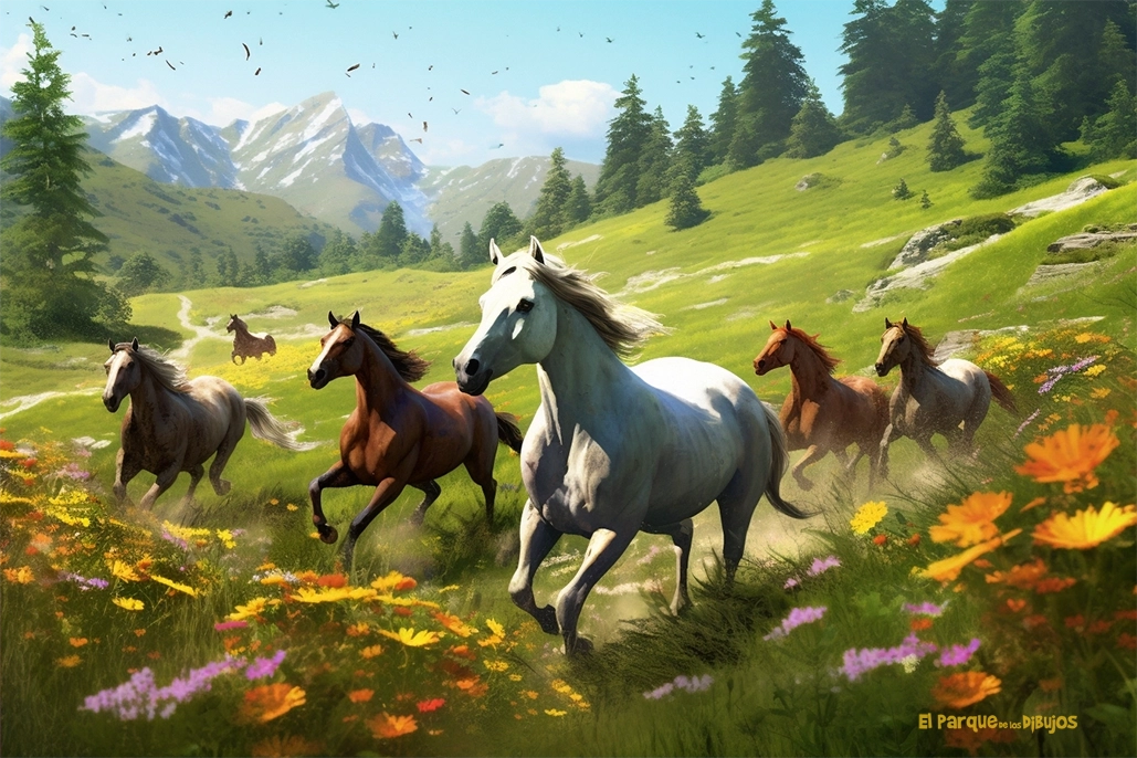 Imagen nº 1, ilustración de unos caballos trotando por una pradera