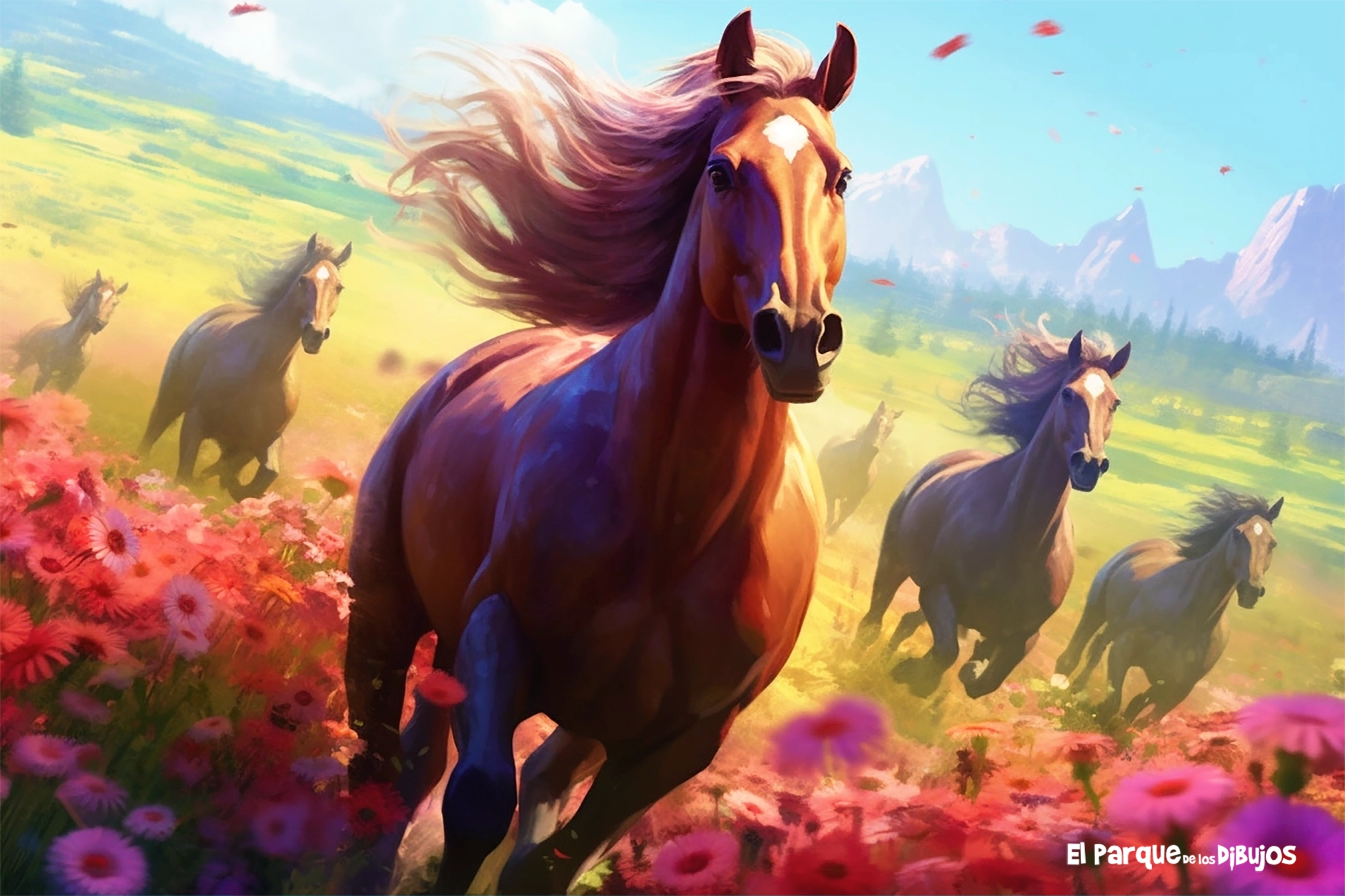 Imagen nº 2, ilustración de unos caballos trotando por una pradera