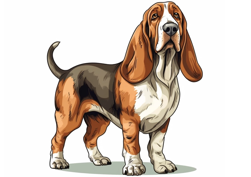 Dibujo en color de un perro de raza Basset Hound