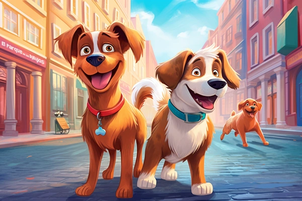 Ilustración a todo color de unos perros felices en la calle