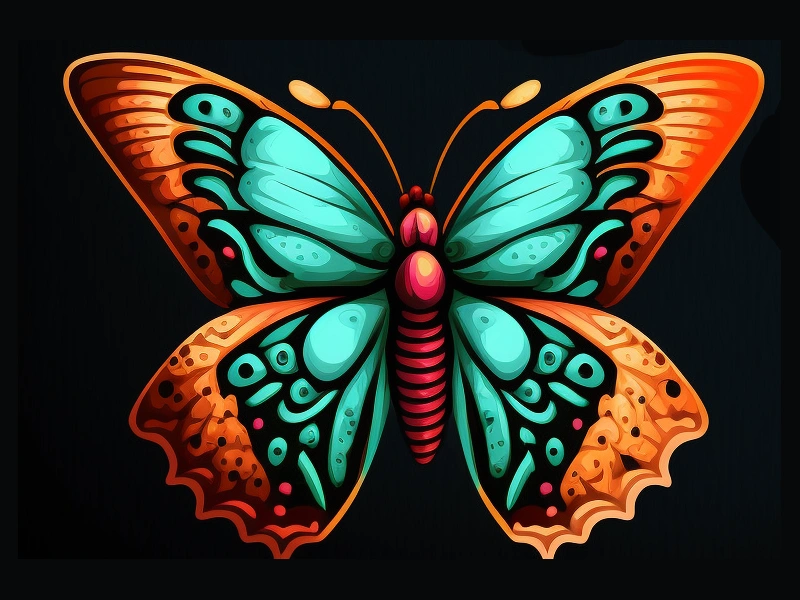 Dibujo de una mariposa de color naranja verde y fucsia
