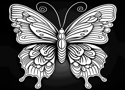 Dibujo de una mariposa sobre fondo negro para colorear