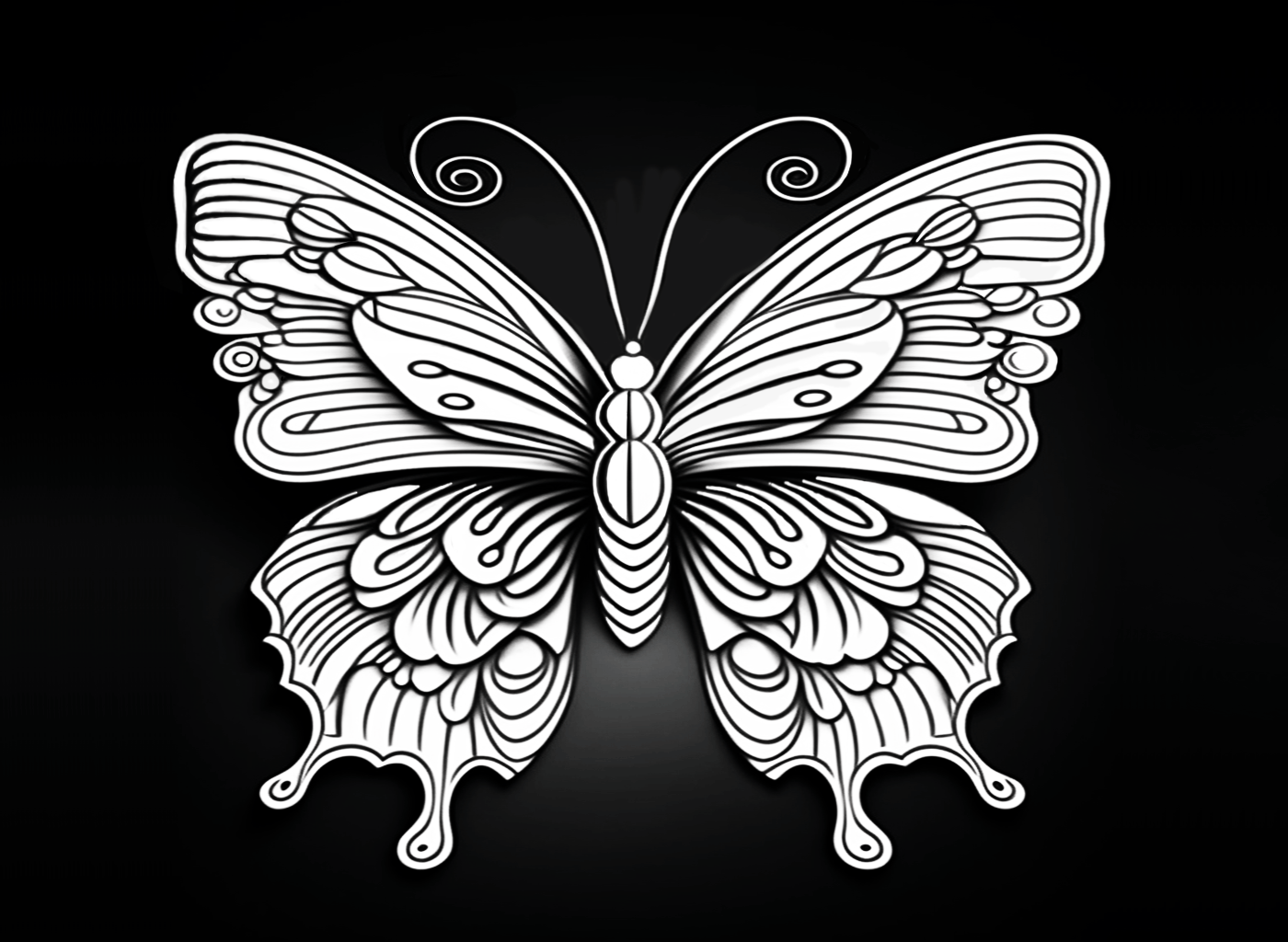 Dibujo de una mariposa sobre fondo negro para colorear