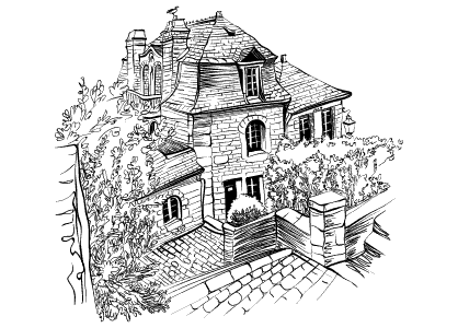 Dibujo para colorear de una casa de estilo de arquitectura Bretona