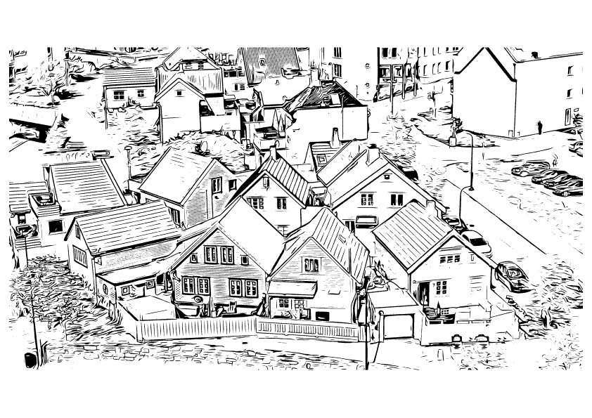 Dibujo colorear unas casas típicas en la ciudad de Stavanger en Noruega