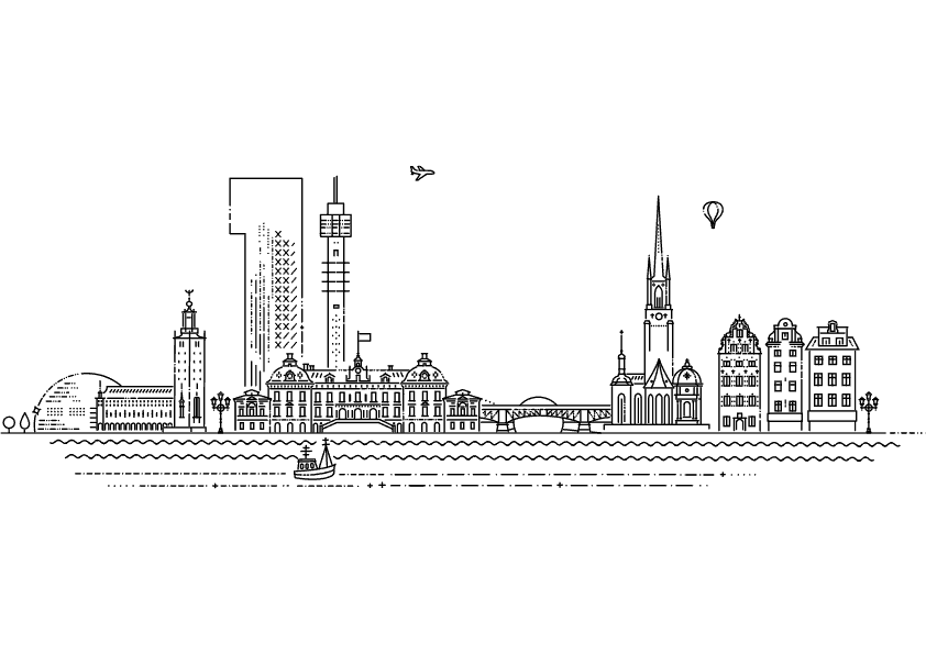 Dibujo para colorear del skyline de la ciudad de Estocolmo en Suecia