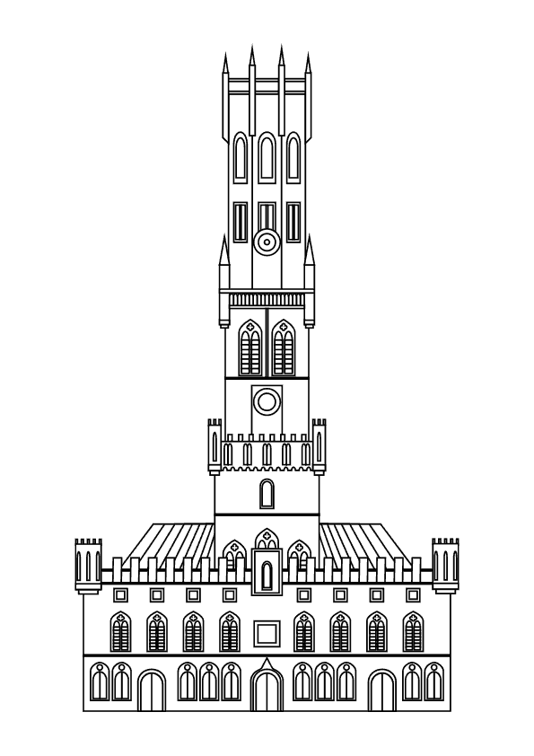 Dibujo para colorear de la Torre Belfort en la ciudad de Brujas en Bélgica