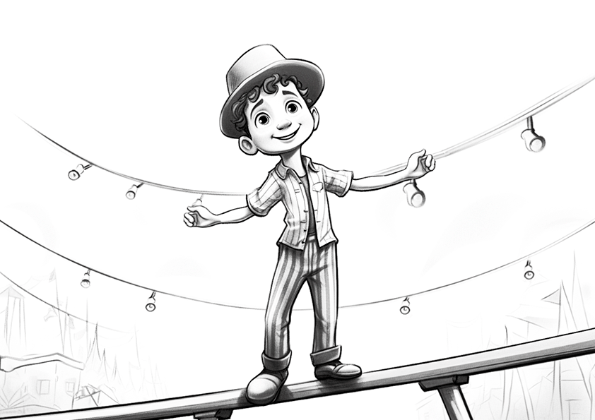 Dibujo de una atracción de circo para colorear, niño equilibrista