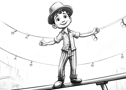 Dibujo para colorear de un niño equilibrista en una actuación de circo, caminando sobre una barra.