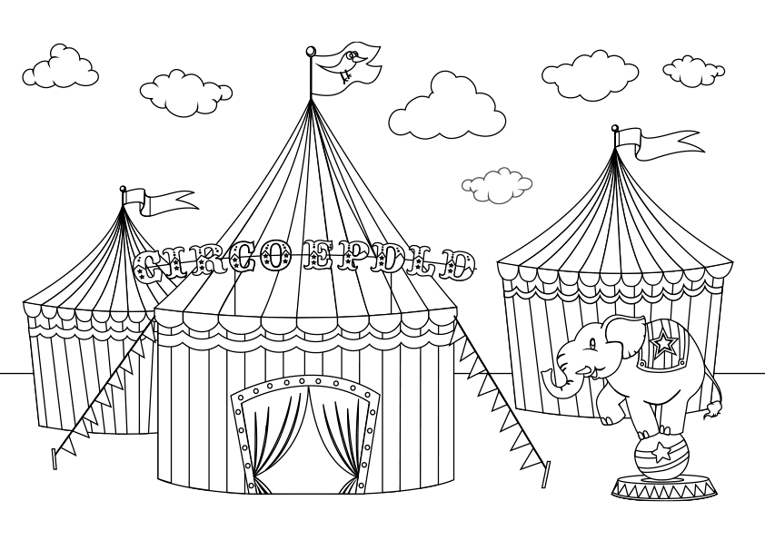 Dibujo para colorear de las carpas del Circo EPDLD con un elefante equilibrista