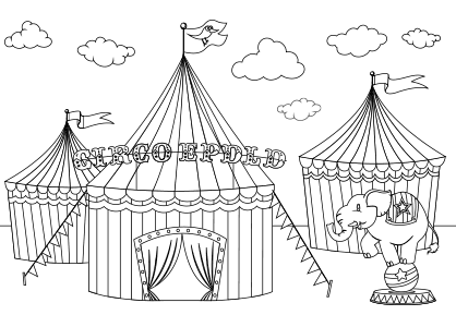 Dibujo de las carpas del circo EPDLD con un elefante equilibrista