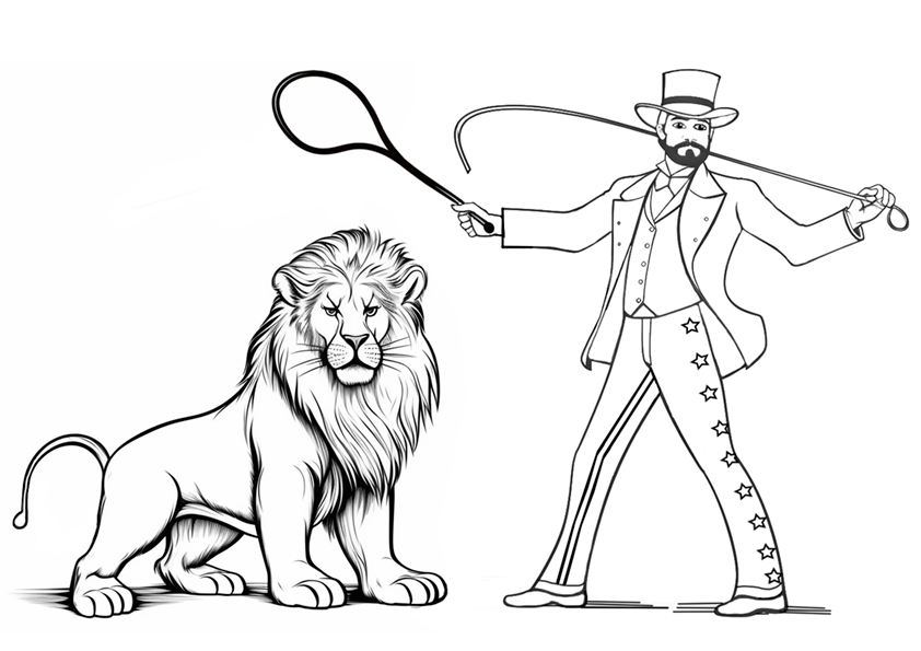 Dibujo de circo para colorear de un domador de leones