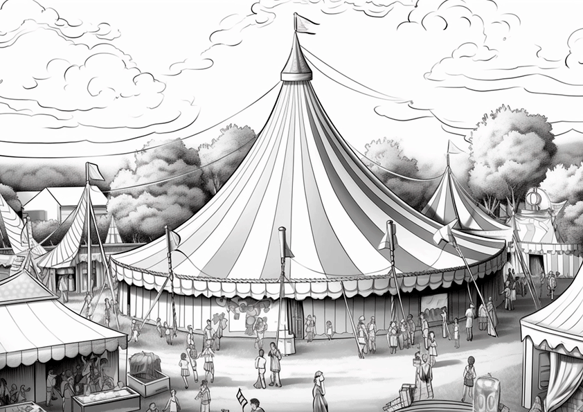 Ilustración en blanco y negro de la carpa de un circo