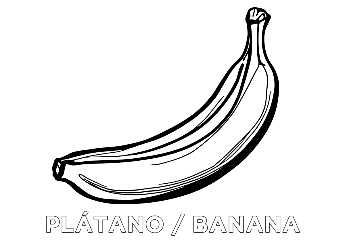 Dibujo de un plátano con su nombre en español e inglés para colorear