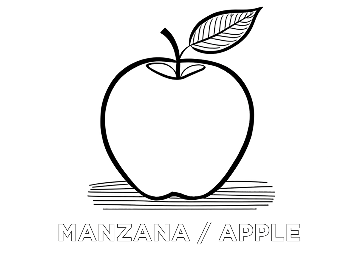Dibujo de una manzana con su nombre en español e inglés para colorear