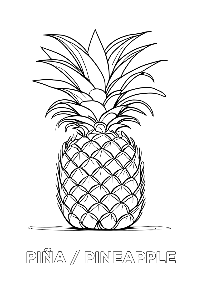 Dibujo de una piña con el nombre en español e inglés para colorear