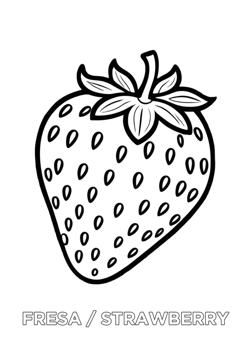Dibujo de una fresa para colorear con su nombre en español en inglés