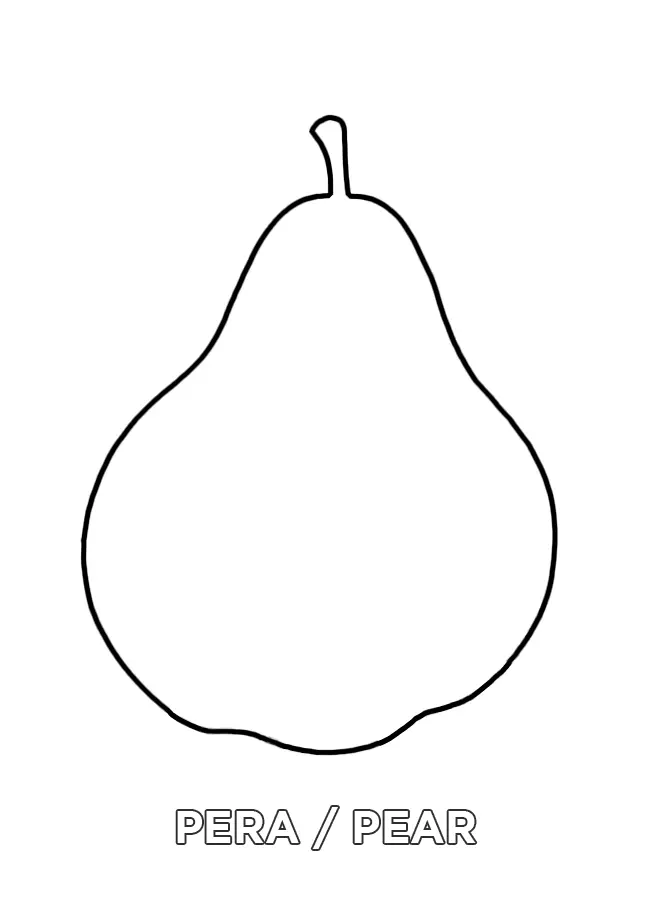 Dibujo de una pera para colorear con su nombre en español en inglés