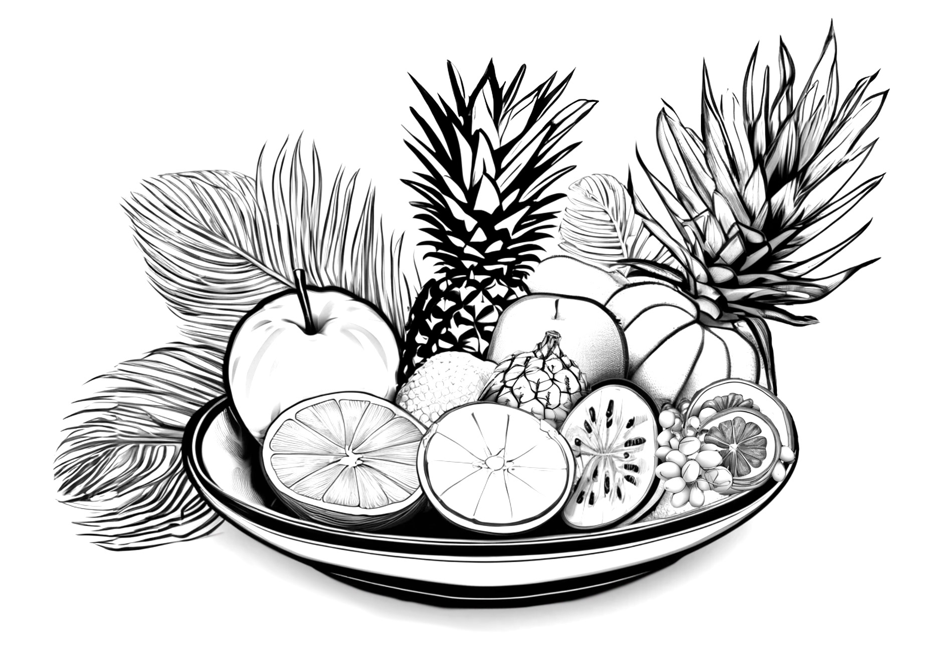 Ilustración de frutas tropicales, bodegón de frutas en una bandeja