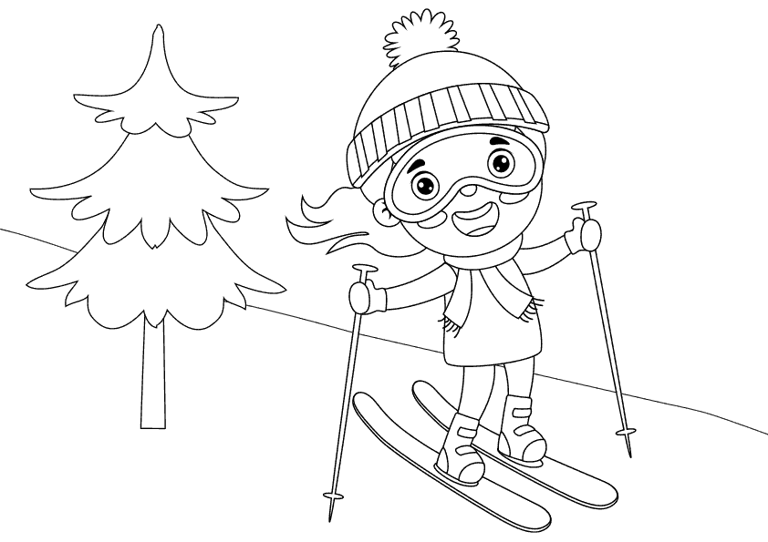 Dibujo para colorear de una niña haciendo sky en la nieve de la montaña