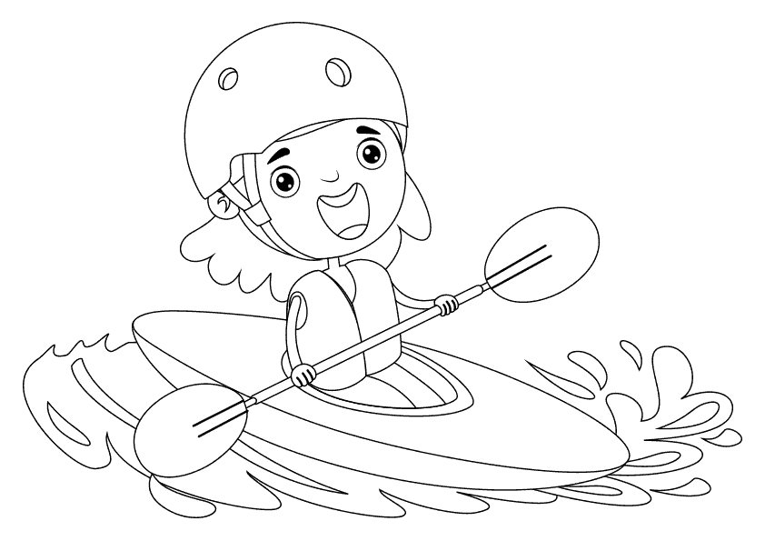 Dibujo para colorear de una niña montando en canoa. Piragua