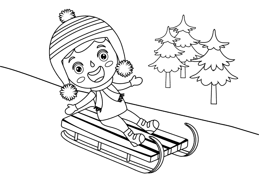 Dibujo para colorear de una niña montando en trineo en la nieve. Girl sledding in the snow coloring page