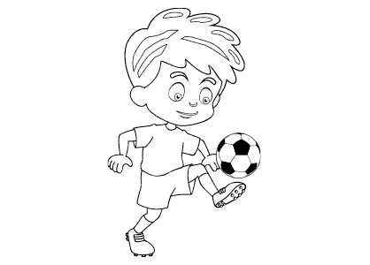Dibujo para colorear un niño jugando con un balón de fútbol