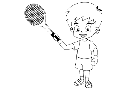 Dibujo para colorear de un niño jugando al tenis con una raqueta y una pelota