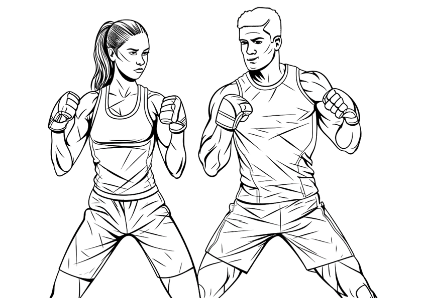 Dibujos de deportes para colorear. Dibujo de un chico y una chica entrenando al boxeo. Dibujo de 2 chicos practicando boxeo.