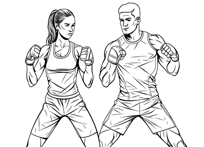 Dibujos de deportes. Un chico y una chica entranando al boxeo. Un chico y una chica practicando boxeo.