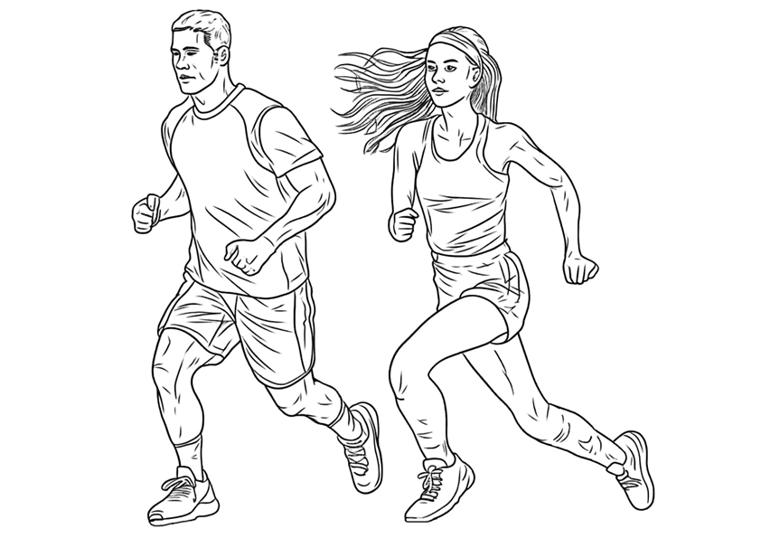 Dibujos de deportes para colorear. Dibujo de un chico y una chica haciendo running. Dibujo de 2 chicos corriendo. Dibujo de un chico y una chica entrenando.